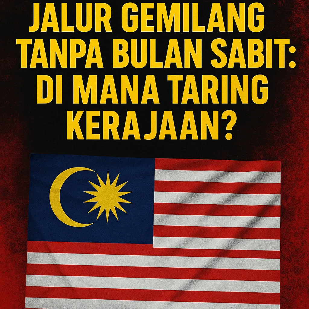 Poster bertulisan besar 'Jalur Gemilang Tanpa Bulan Sabit: Di Mana Taring Kerajaan?' dengan imej bendera Malaysia tanpa bulan sabit, berlatar belakang merah hitam yang garang, membawa mesej tegas menuntut tindakan kerajaan terhadap penghinaan simbol negara.