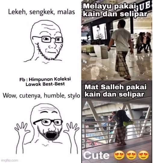 Lelaki Melayu dan Mat Salleh memakai kain pelikat dan selipar, dengan reaksi berbeza dari masyarakat.