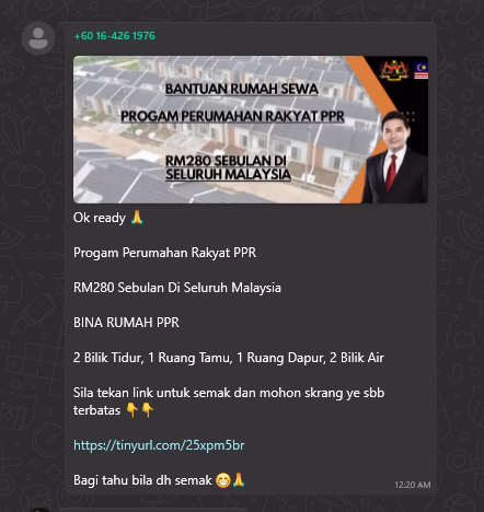 Contoh mesej WhatsApp palsu mengenai bantuan rumah sewa PPR berjumlah RM280 sebulan, lengkap dengan poster rekaan grafik dan pautan tinyurl yang mencurigakan.